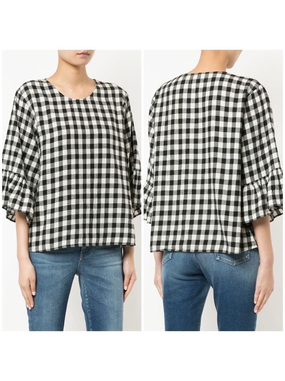 The Great Sweetie Checkered Ruffle Blouse In Black And White Gingham